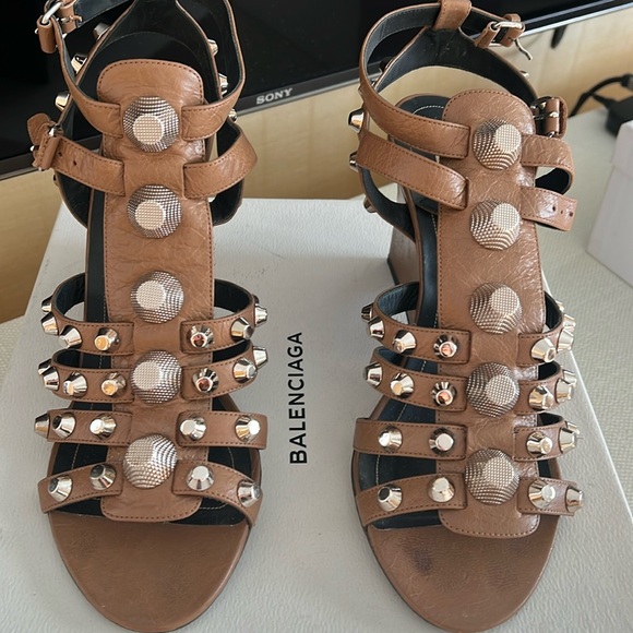 Balenciaga studded wedge in camel color with studded detail on two strap sandal - Picture 1 of 4